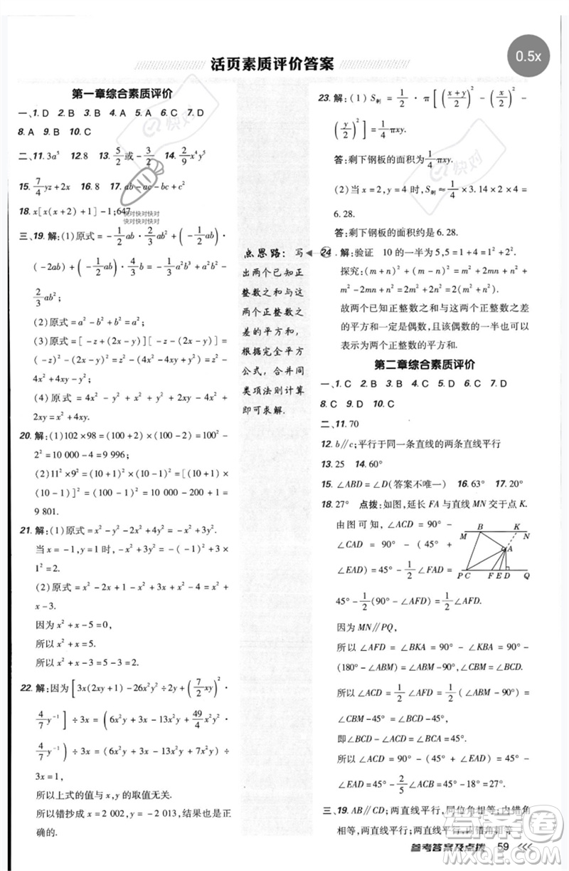 安徽教育出版社2023點(diǎn)撥訓(xùn)練七年級(jí)數(shù)學(xué)下冊(cè)北師大版參考答案