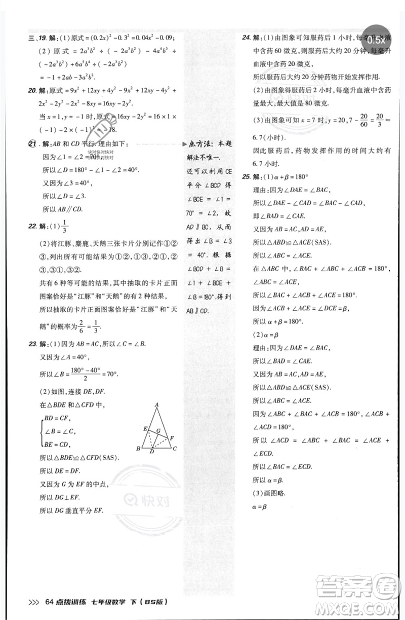安徽教育出版社2023點(diǎn)撥訓(xùn)練七年級(jí)數(shù)學(xué)下冊(cè)北師大版參考答案