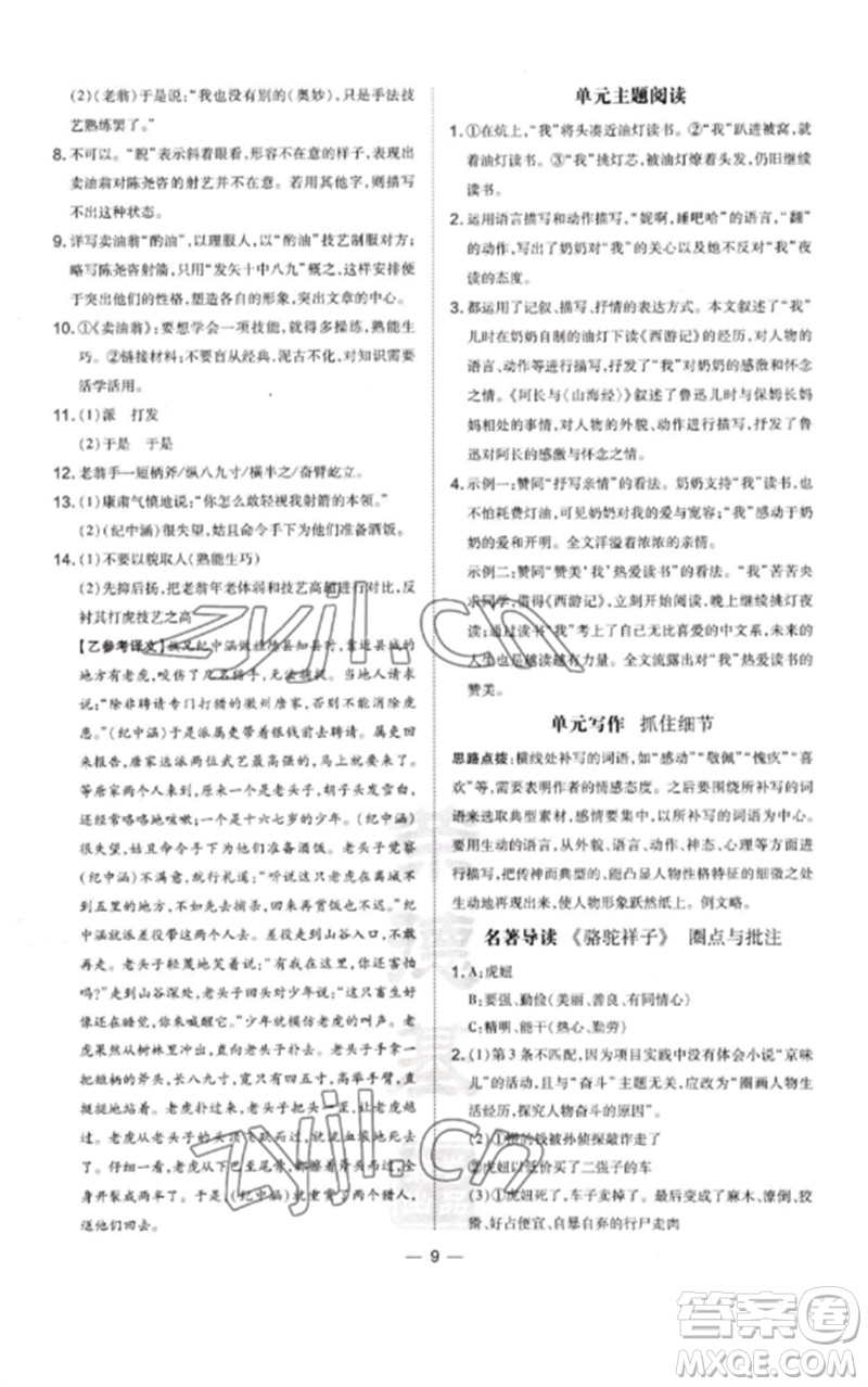 山西教育出版社2023點(diǎn)撥訓(xùn)練七年級(jí)語(yǔ)文下冊(cè)人教版河南專版參考答案