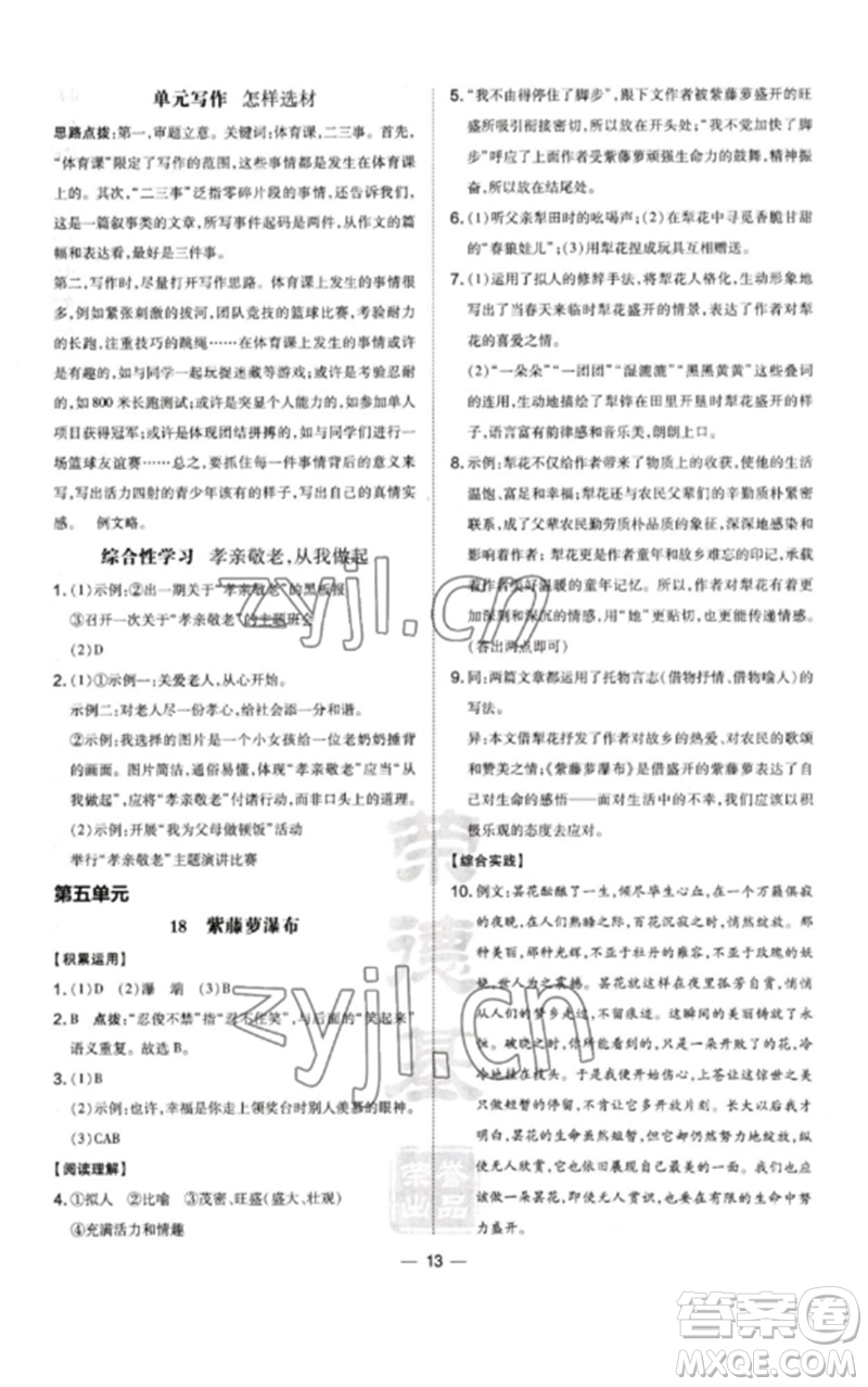 山西教育出版社2023點(diǎn)撥訓(xùn)練七年級(jí)語(yǔ)文下冊(cè)人教版河南專版參考答案