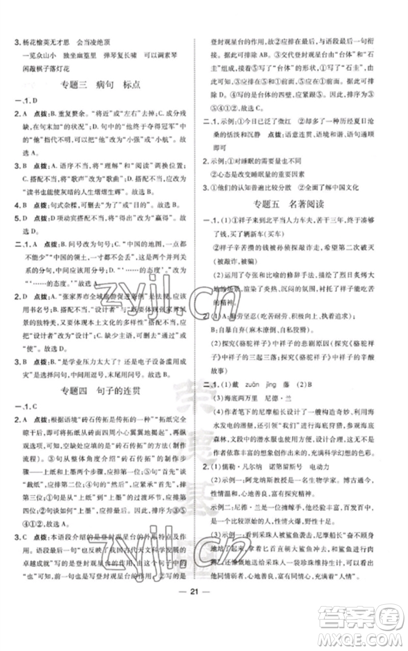 山西教育出版社2023點(diǎn)撥訓(xùn)練七年級(jí)語(yǔ)文下冊(cè)人教版河南專版參考答案
