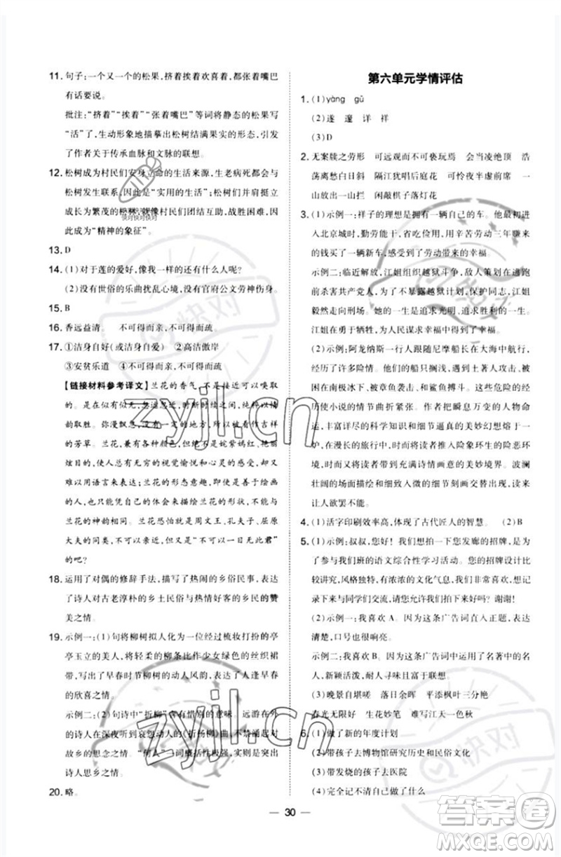 山西教育出版社2023點(diǎn)撥訓(xùn)練七年級(jí)語(yǔ)文下冊(cè)人教版河南專版參考答案