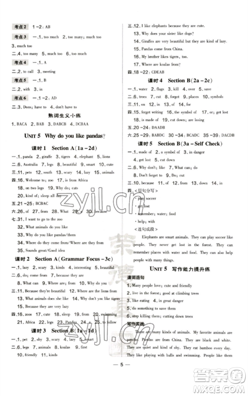 安徽教育出版社2023點(diǎn)撥訓(xùn)練七年級(jí)英語(yǔ)下冊(cè)人教版河南專版參考答案