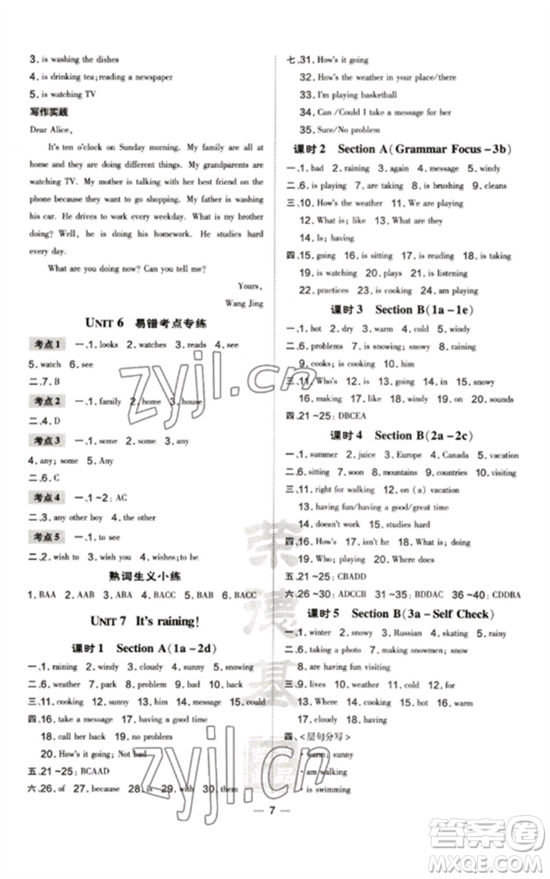 安徽教育出版社2023點(diǎn)撥訓(xùn)練七年級(jí)英語(yǔ)下冊(cè)人教版河南專版參考答案