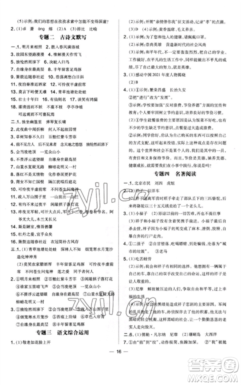 安徽教育出版社2023點撥訓練七年級語文下冊人教版安徽專版參考答案