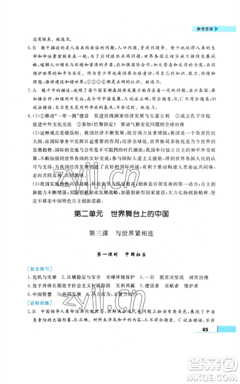甘肅教育出版社2023名師點撥配套練習(xí)課時作業(yè)九年級道德與法治下冊人教版參考答案