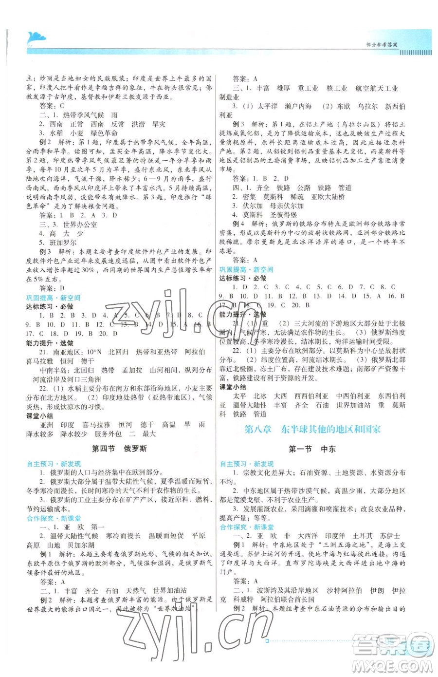 廣東教育出版社2023南方新課堂金牌學(xué)案七年級下冊地理人教版參考答案