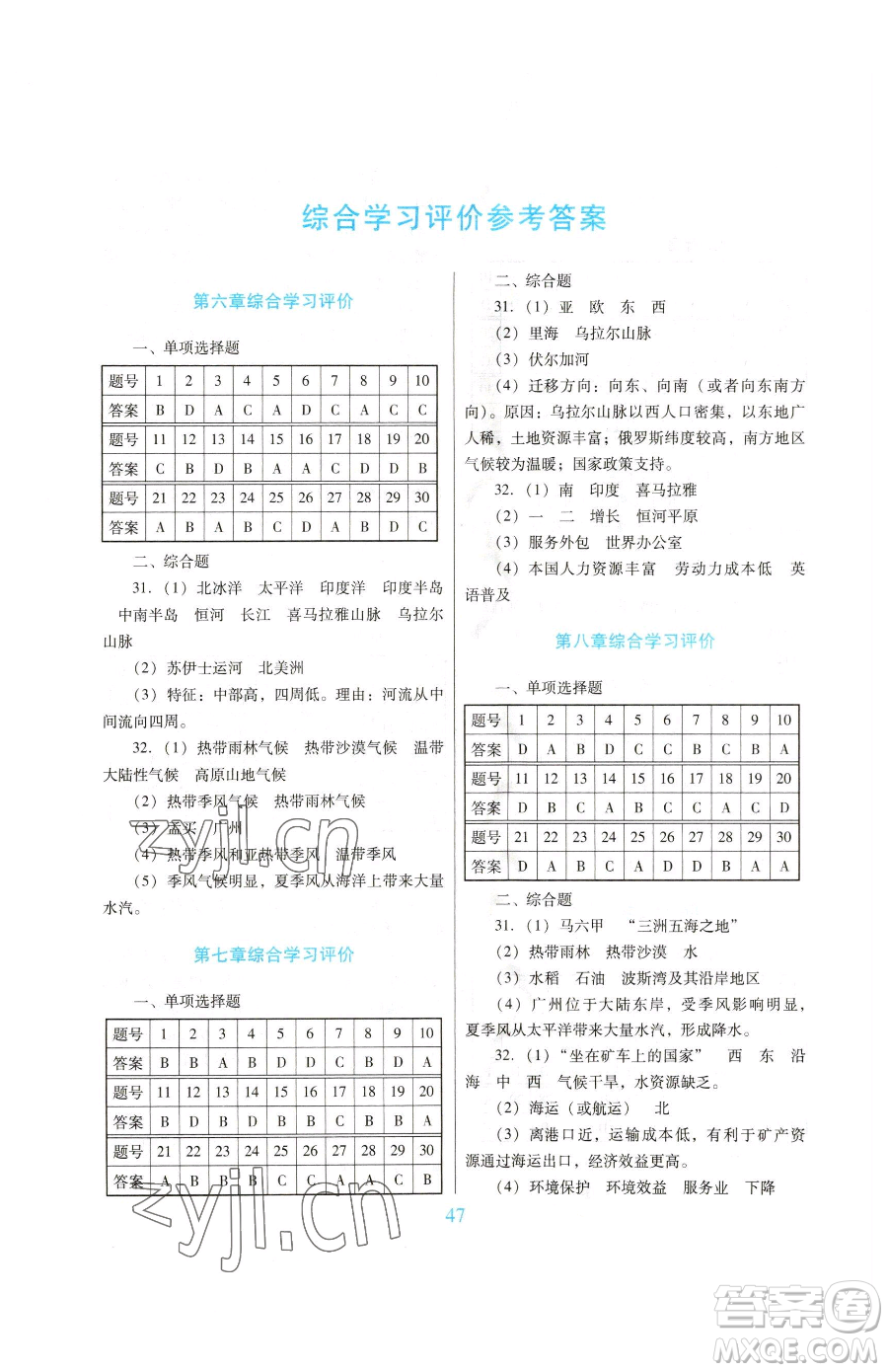 廣東教育出版社2023南方新課堂金牌學(xué)案七年級下冊地理人教版參考答案