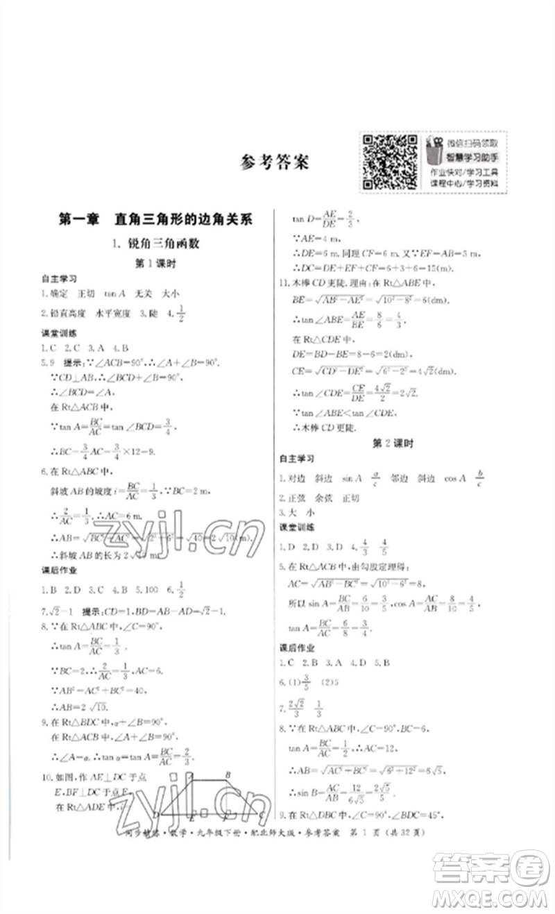 廣東人民出版社2023名師小課堂同步精練九年級數(shù)學下冊北師大版參考答案