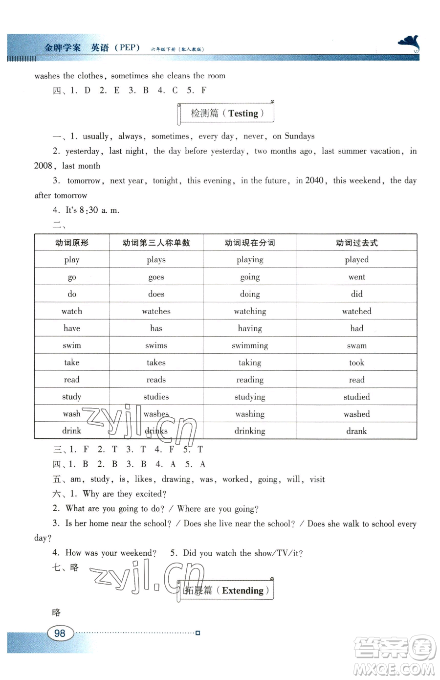 廣東教育出版社2023南方新課堂金牌學(xué)案六年級下冊英語人教PEP版參考答案