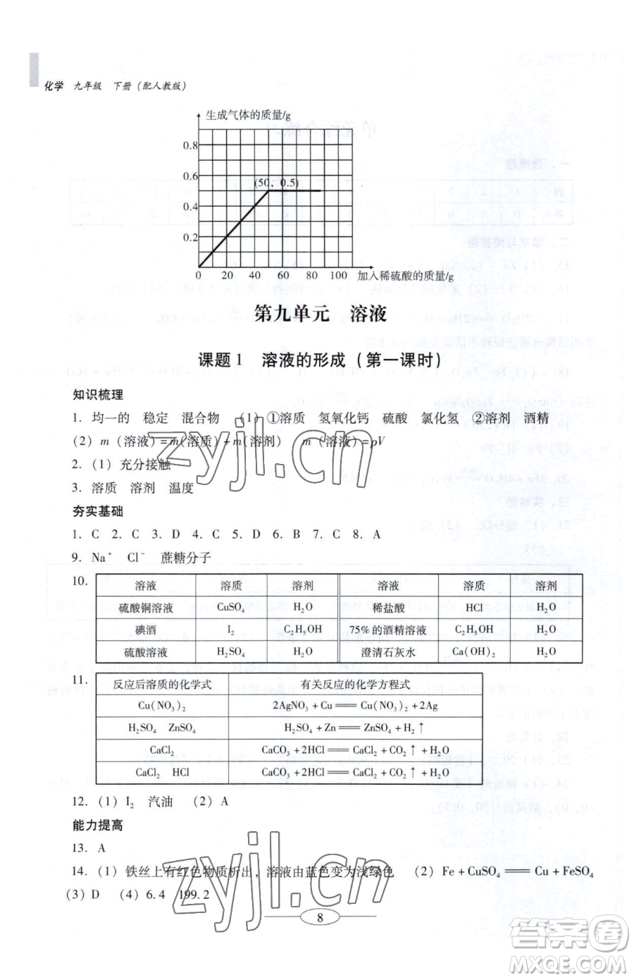 廣東教育出版社2023南方新課堂金牌學案九年級下冊化學人教版珠海專版參考答案