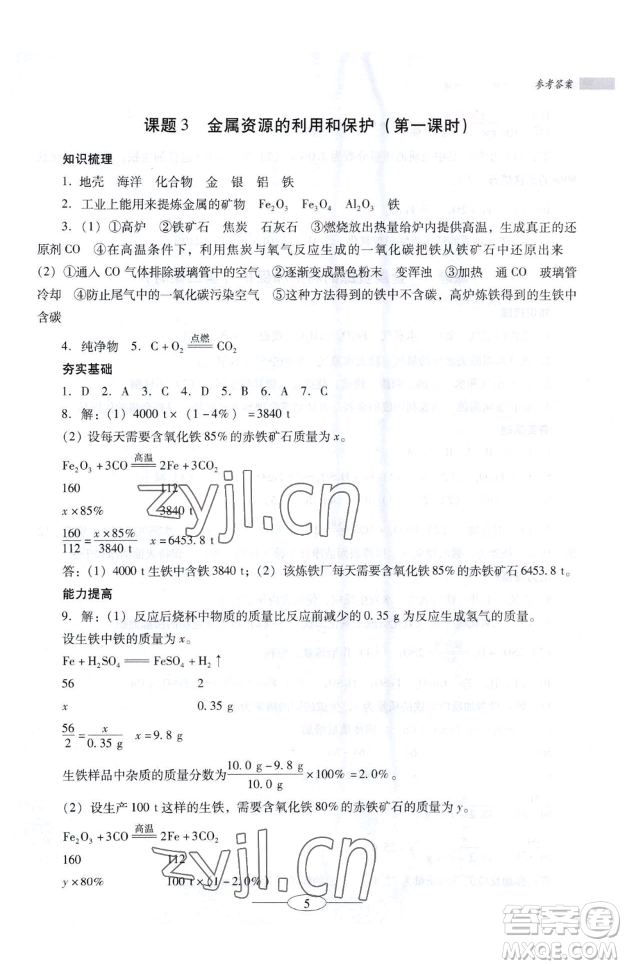 廣東教育出版社2023南方新課堂金牌學案九年級下冊化學人教版珠海專版參考答案