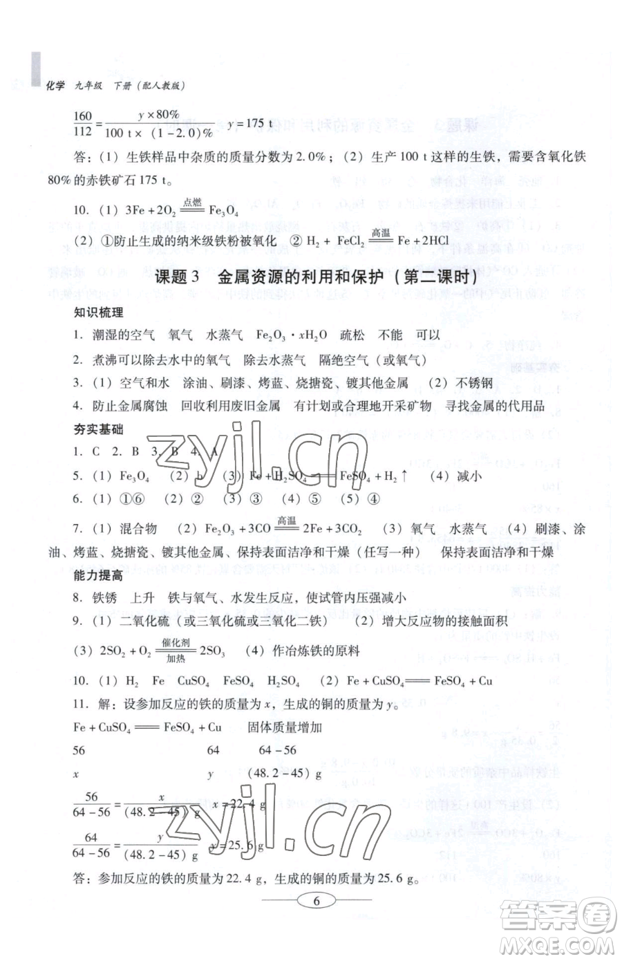廣東教育出版社2023南方新課堂金牌學案九年級下冊化學人教版珠海專版參考答案