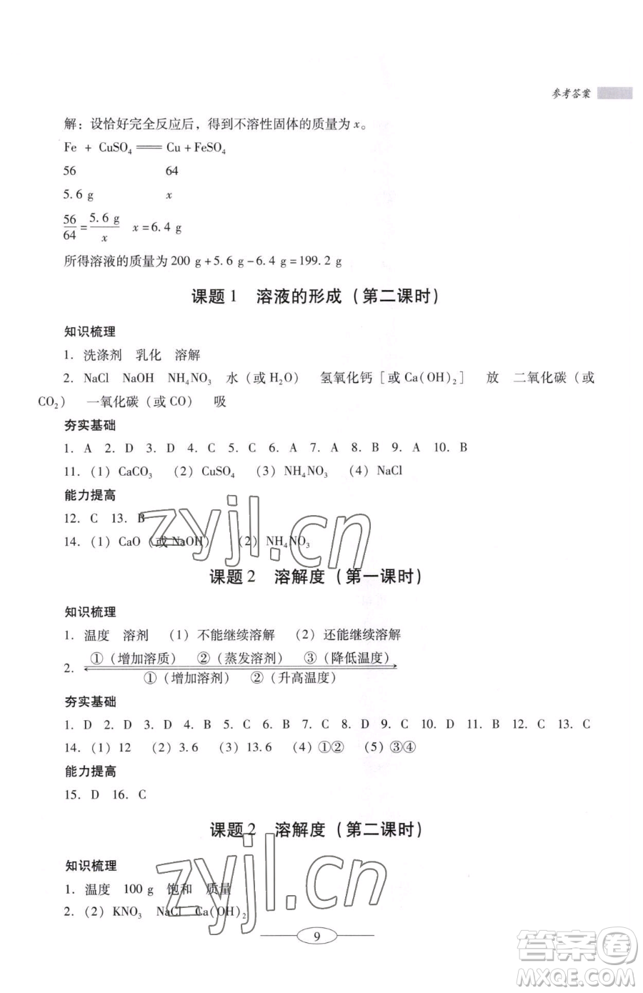 廣東教育出版社2023南方新課堂金牌學案九年級下冊化學人教版珠海專版參考答案