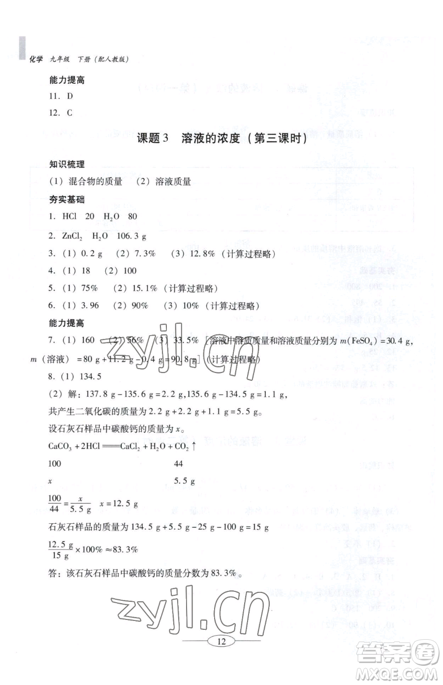廣東教育出版社2023南方新課堂金牌學案九年級下冊化學人教版珠海專版參考答案