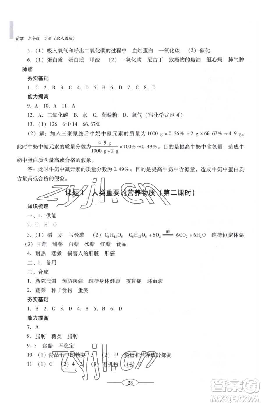 廣東教育出版社2023南方新課堂金牌學案九年級下冊化學人教版珠海專版參考答案