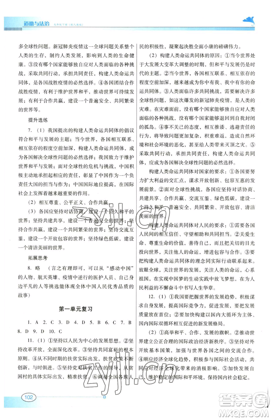 廣東教育出版社2023南方新課堂金牌學案九年級下冊道德與法治人教版參考答案