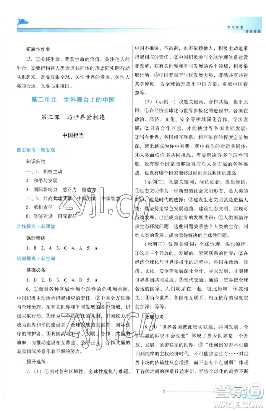 廣東教育出版社2023南方新課堂金牌學案九年級下冊道德與法治人教版參考答案