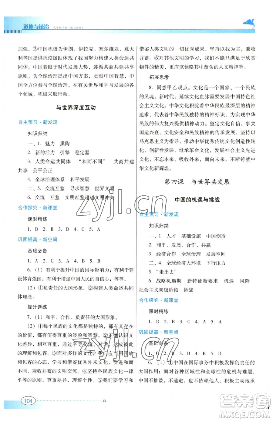 廣東教育出版社2023南方新課堂金牌學案九年級下冊道德與法治人教版參考答案