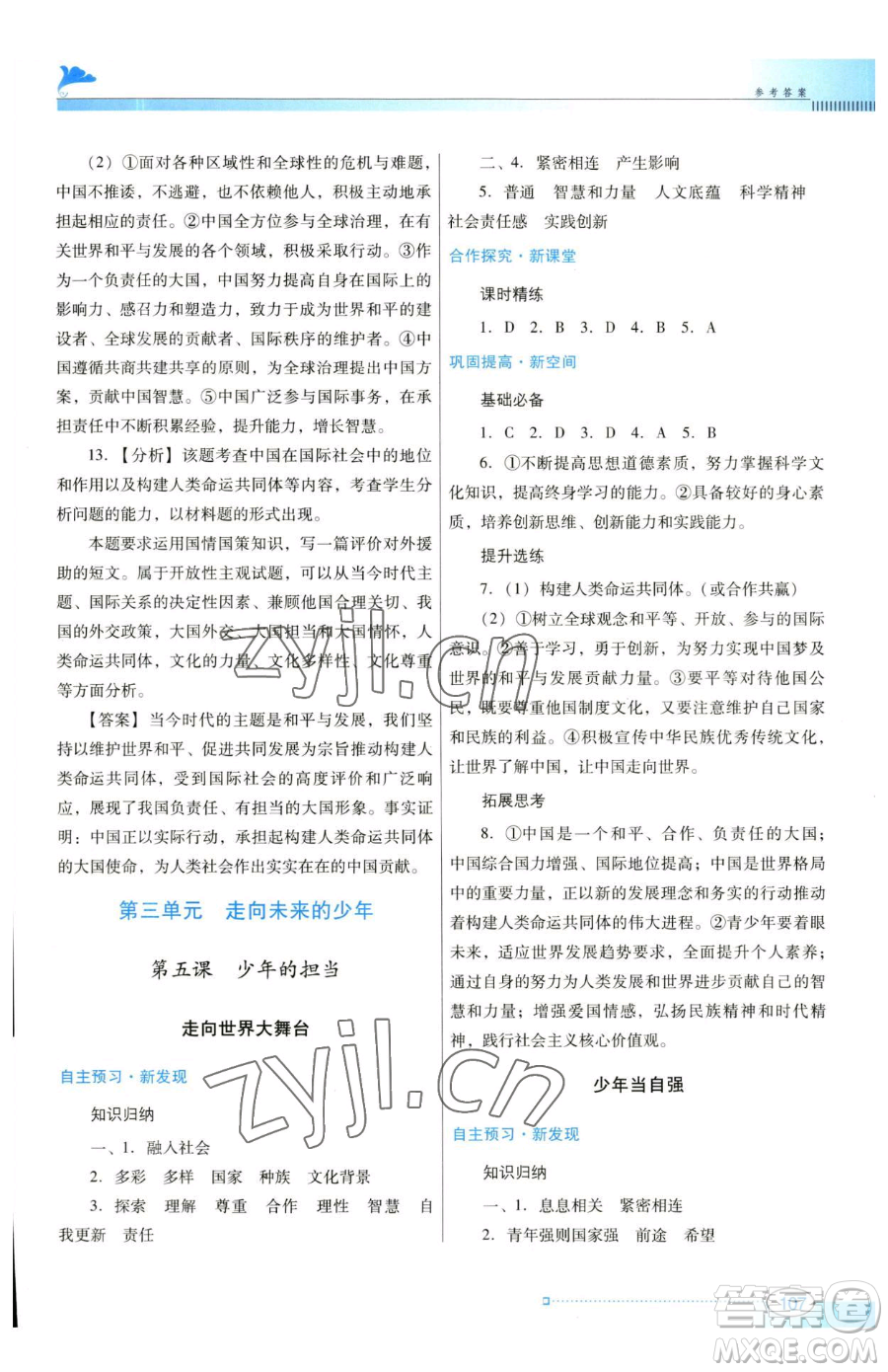 廣東教育出版社2023南方新課堂金牌學案九年級下冊道德與法治人教版參考答案
