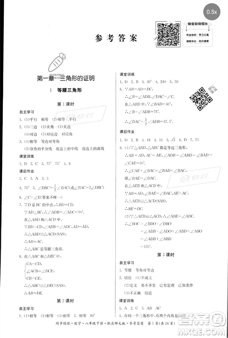 廣東人民出版社2023名師小課堂同步精練八年級(jí)數(shù)學(xué)下冊(cè)北師大版參考答案