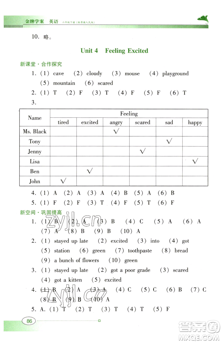廣東教育出版社2023南方新課堂金牌學(xué)案六年級(jí)下冊(cè)英語(yǔ)粵教人民版參考答案