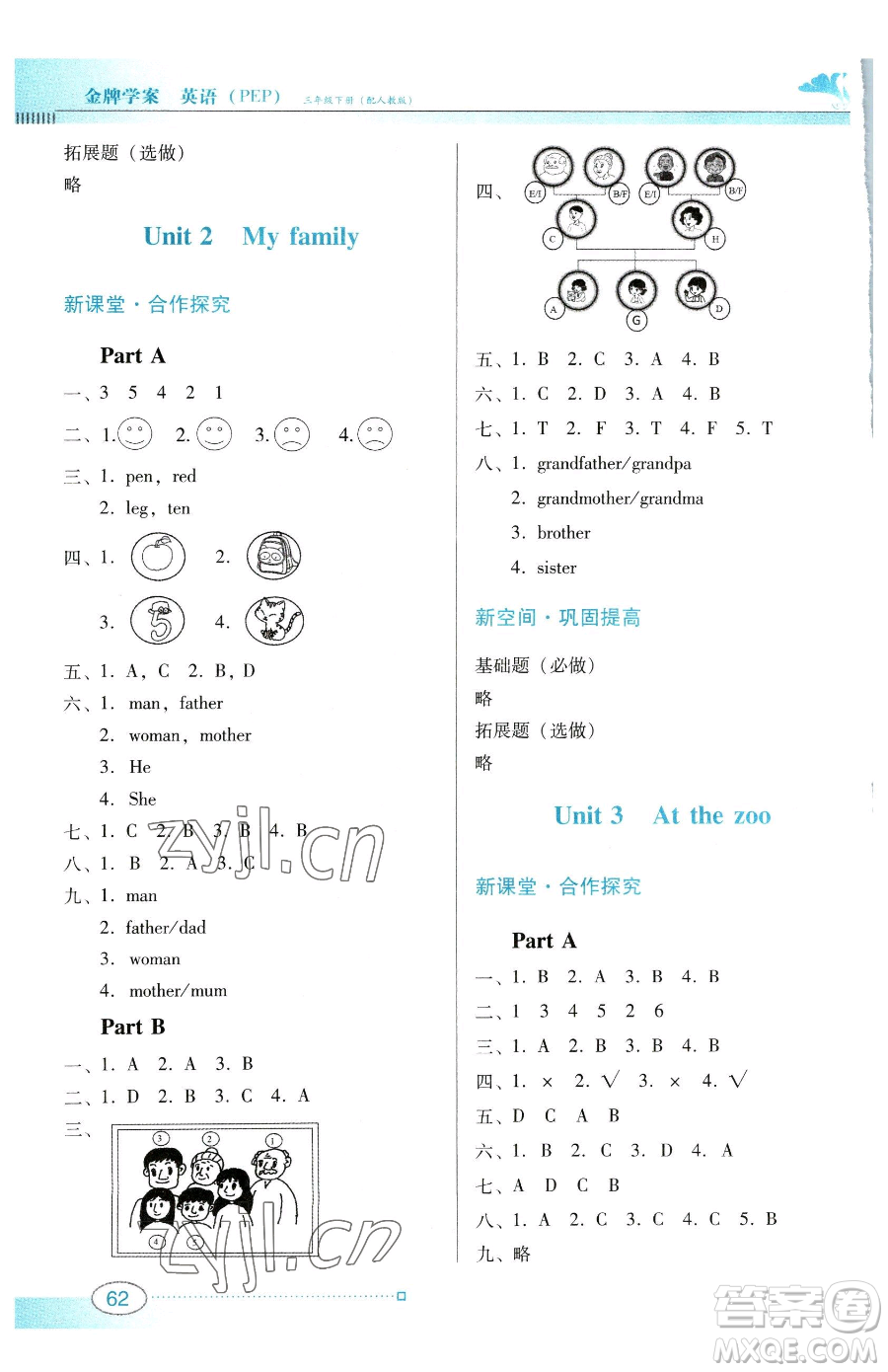 廣東教育出版社2023南方新課堂金牌學(xué)案三年級(jí)下冊(cè)英語人教PEP版參考答案