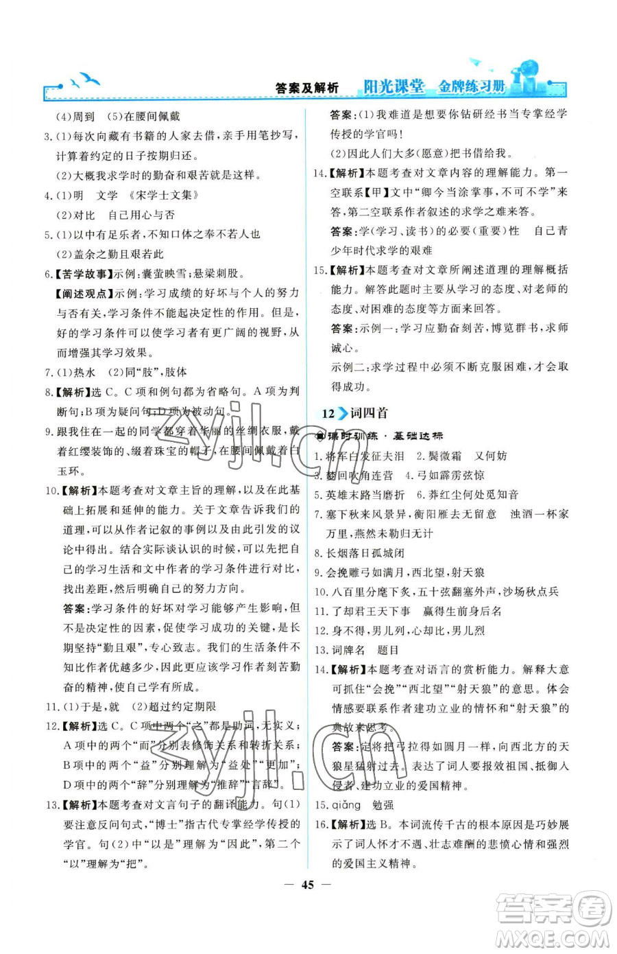 人民教育出版社2023陽光課堂金牌練習(xí)冊九年級下冊語文人教版參考答案