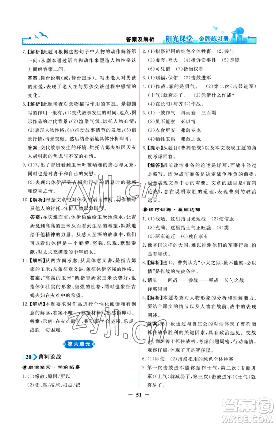 人民教育出版社2023陽光課堂金牌練習(xí)冊九年級下冊語文人教版參考答案