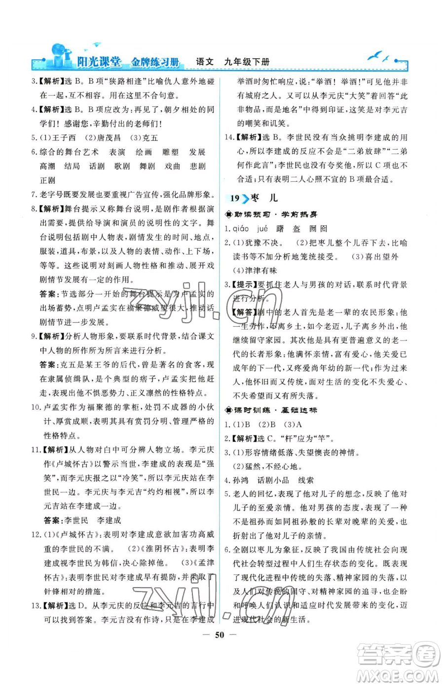 人民教育出版社2023陽光課堂金牌練習(xí)冊九年級下冊語文人教版參考答案