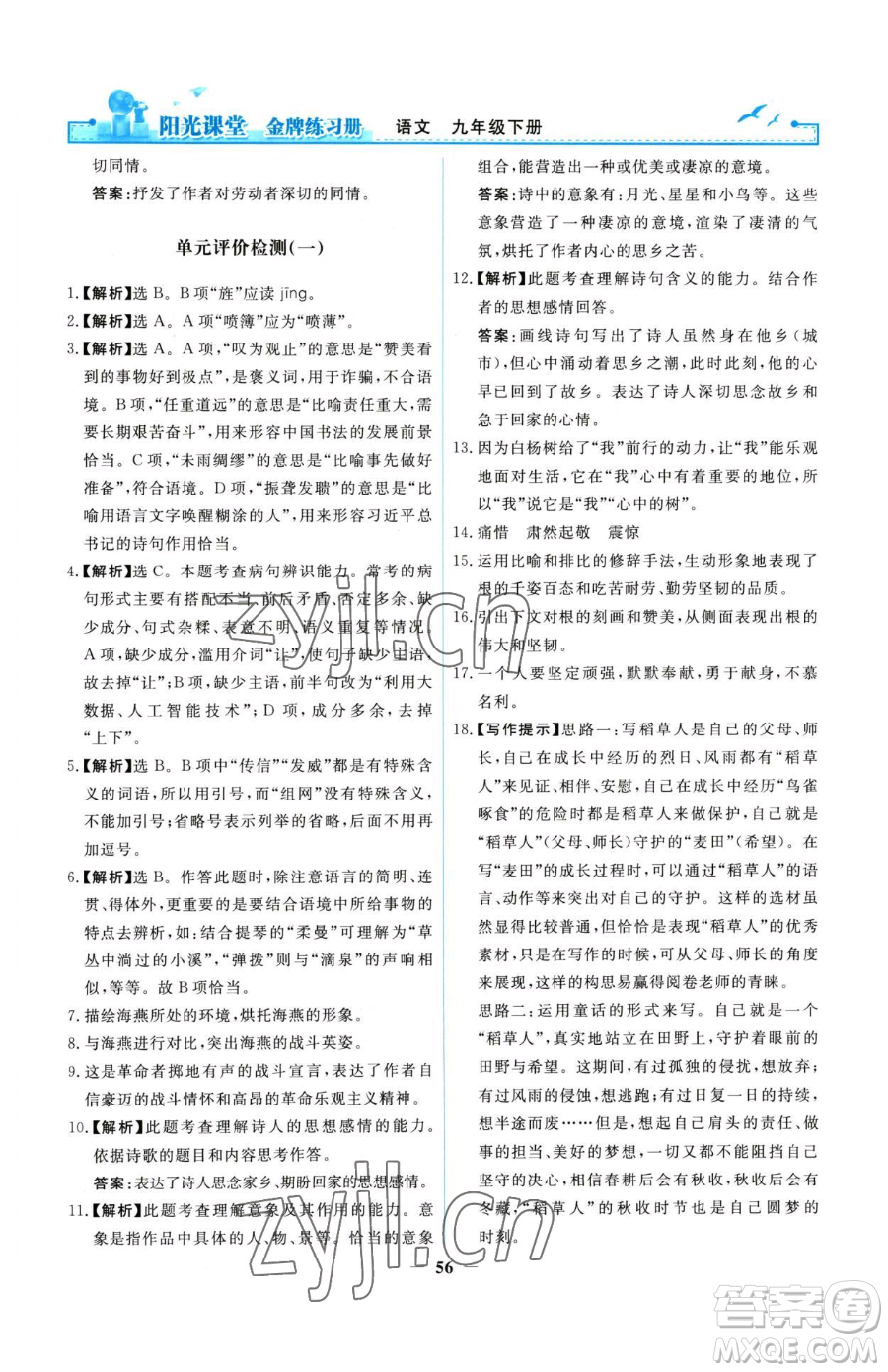 人民教育出版社2023陽光課堂金牌練習(xí)冊九年級下冊語文人教版參考答案
