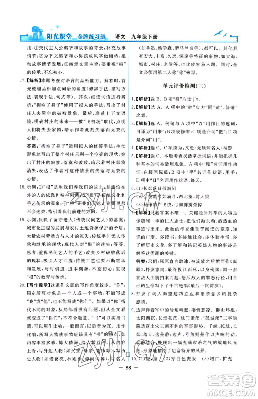 人民教育出版社2023陽光課堂金牌練習(xí)冊九年級下冊語文人教版參考答案