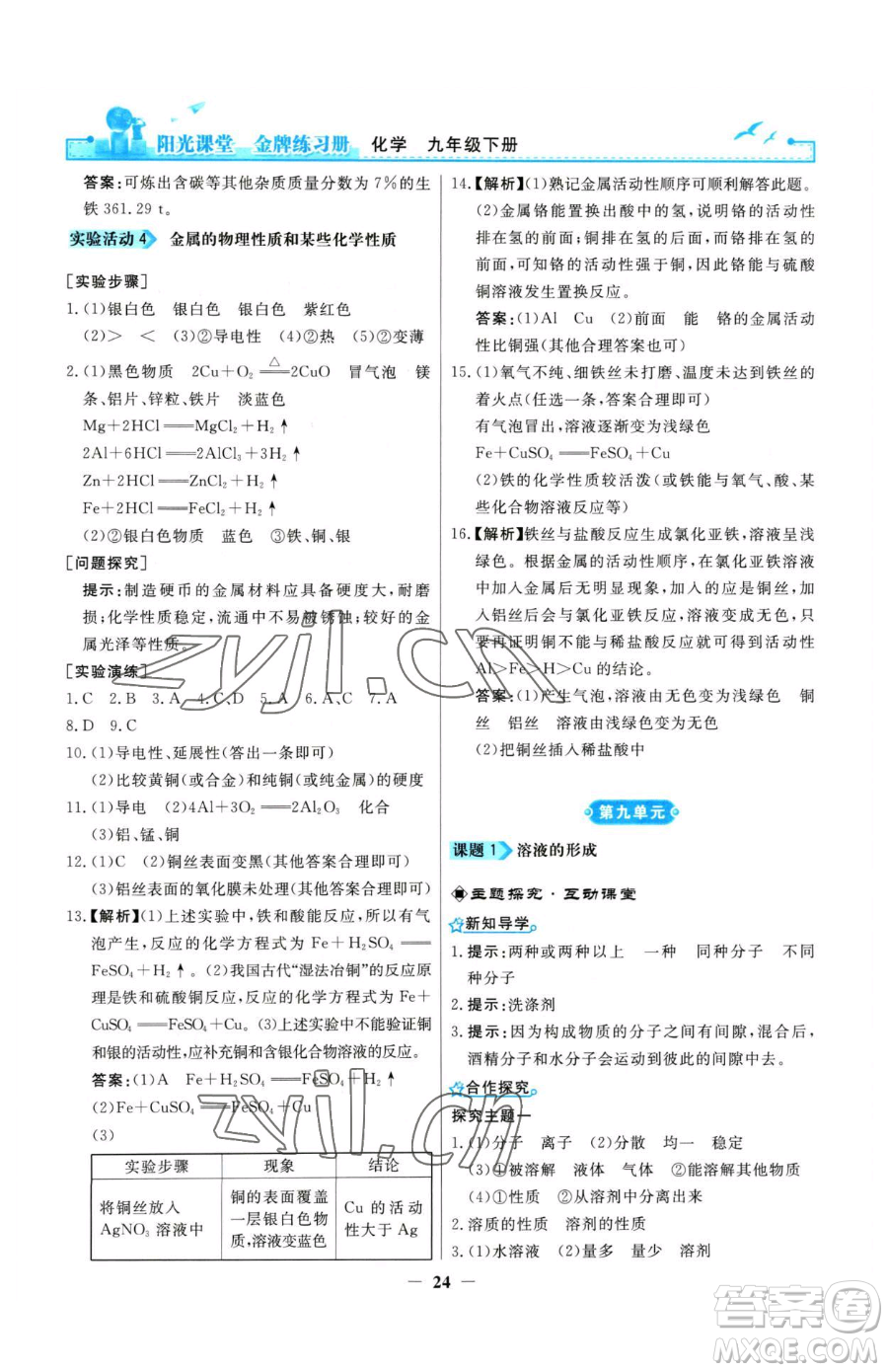 人民教育出版社2023陽光課堂金牌練習(xí)冊九年級(jí)下冊化學(xué)人教版參考答案