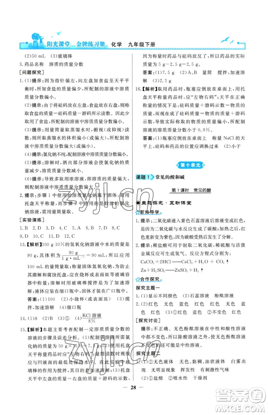 人民教育出版社2023陽光課堂金牌練習(xí)冊九年級(jí)下冊化學(xué)人教版參考答案