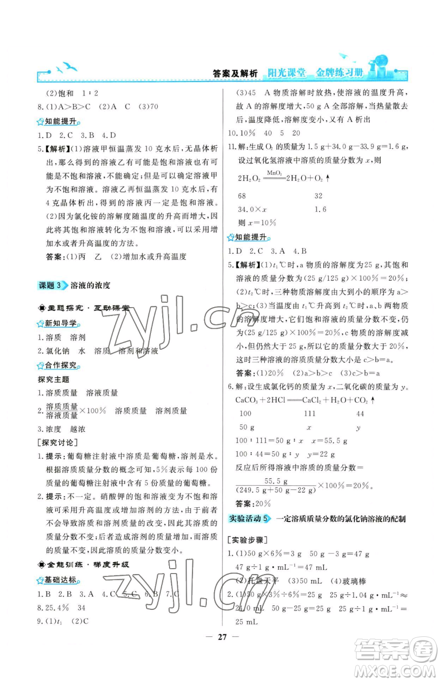 人民教育出版社2023陽光課堂金牌練習(xí)冊九年級(jí)下冊化學(xué)人教版參考答案