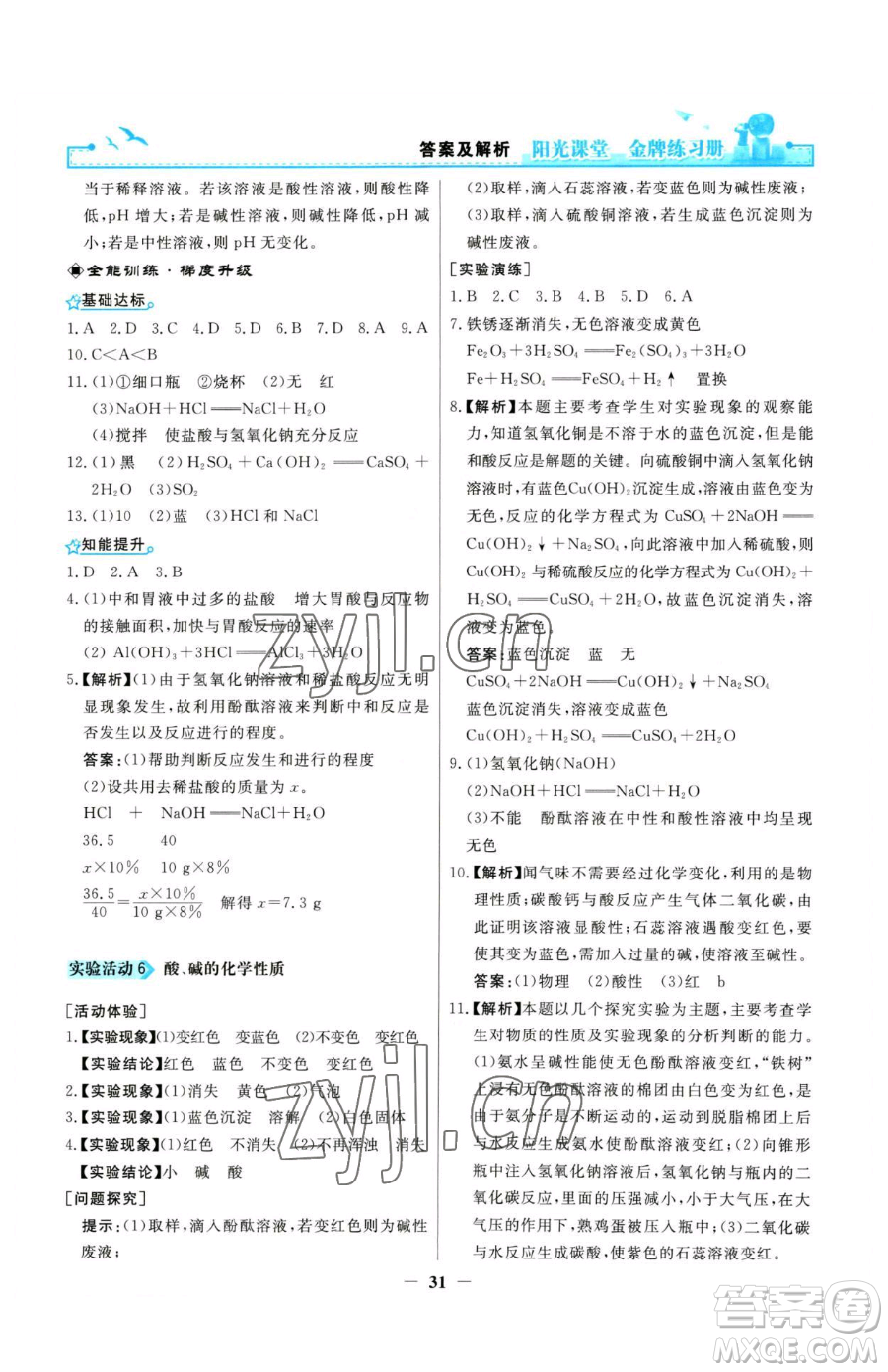 人民教育出版社2023陽光課堂金牌練習(xí)冊九年級(jí)下冊化學(xué)人教版參考答案