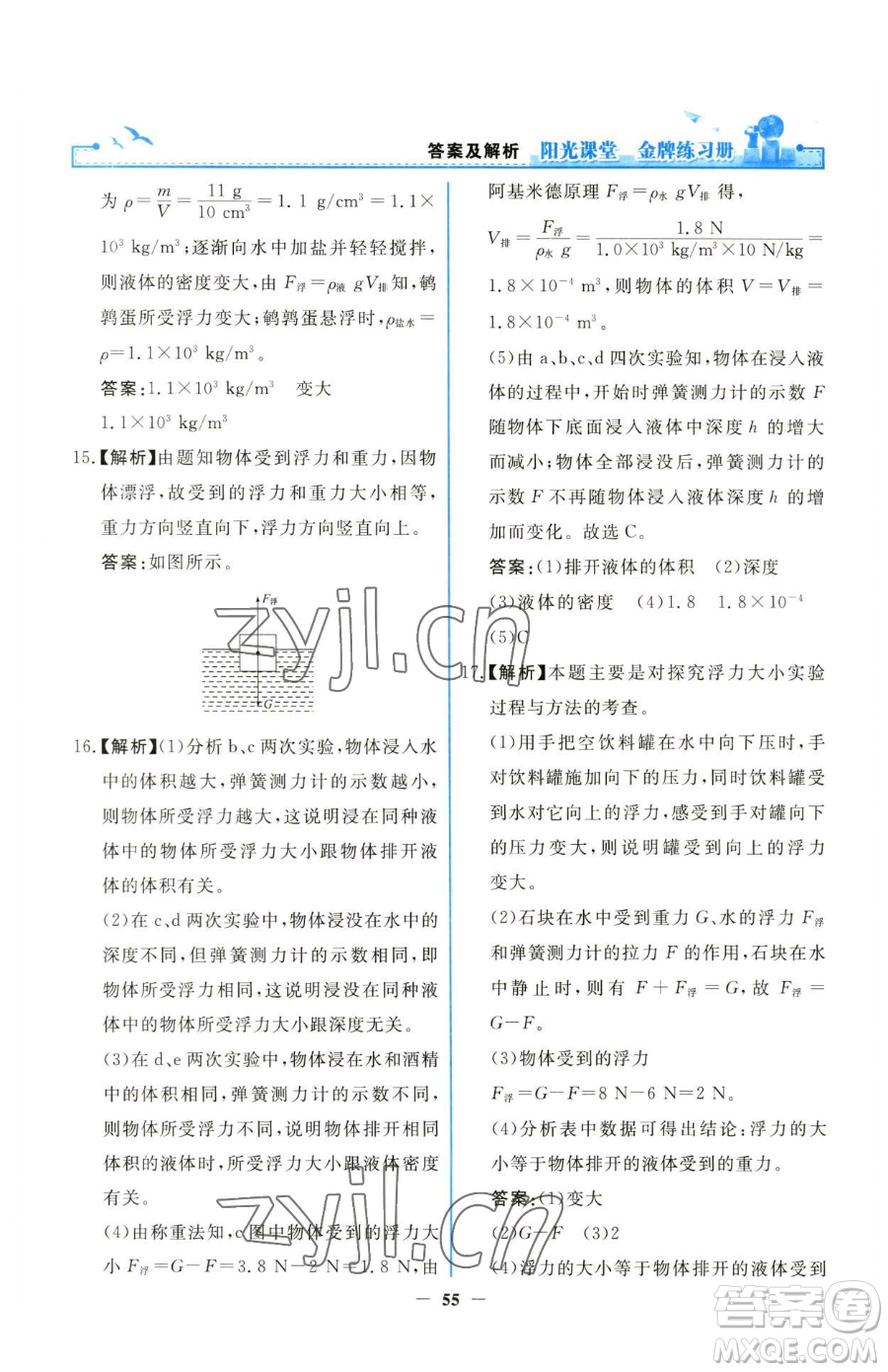 人民教育出版社2023陽(yáng)光課堂金牌練習(xí)冊(cè)八年級(jí)下冊(cè)物理人教版參考答案