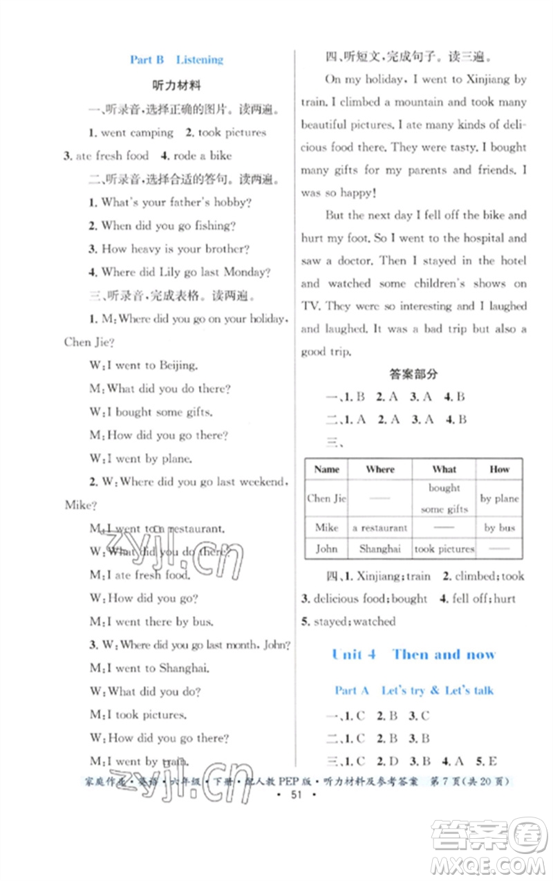 貴州人民出版社2023家庭作業(yè)六年級英語下冊人教PEP版參考答案