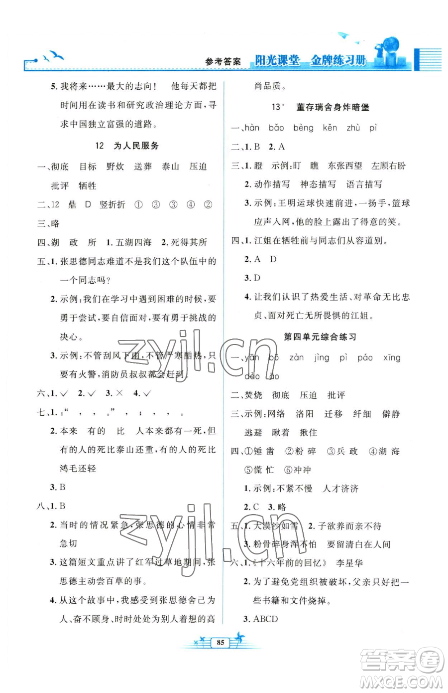人民教育出版社2023陽光課堂金牌練習(xí)冊六年級下冊語文人教版參考答案