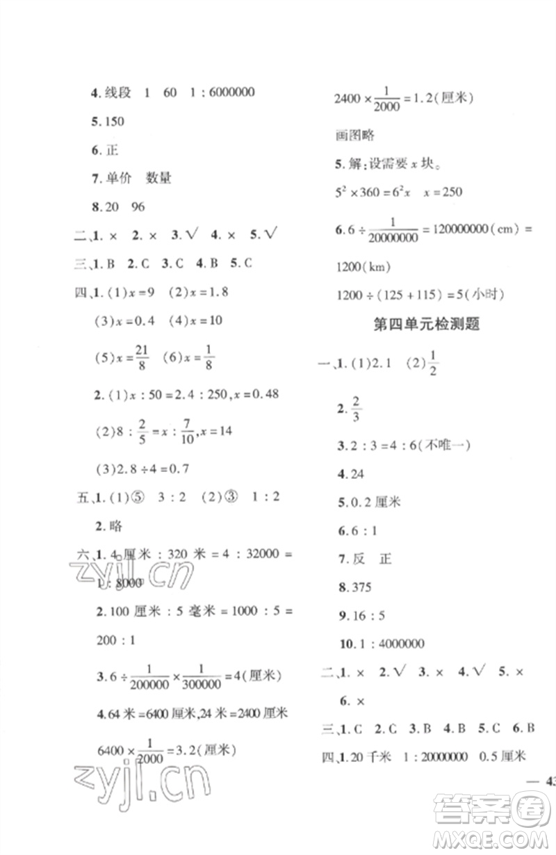 濟(jì)南出版社2023教育世家狀元卷六年級數(shù)學(xué)下冊人教版參考答案