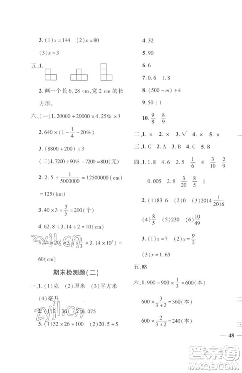 濟(jì)南出版社2023教育世家狀元卷六年級數(shù)學(xué)下冊人教版參考答案