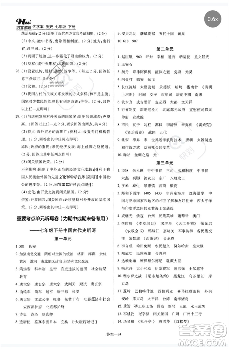 鄭州大學(xué)出版社2023洪文教育優(yōu)學(xué)案七年級歷史下冊人教版參考答案