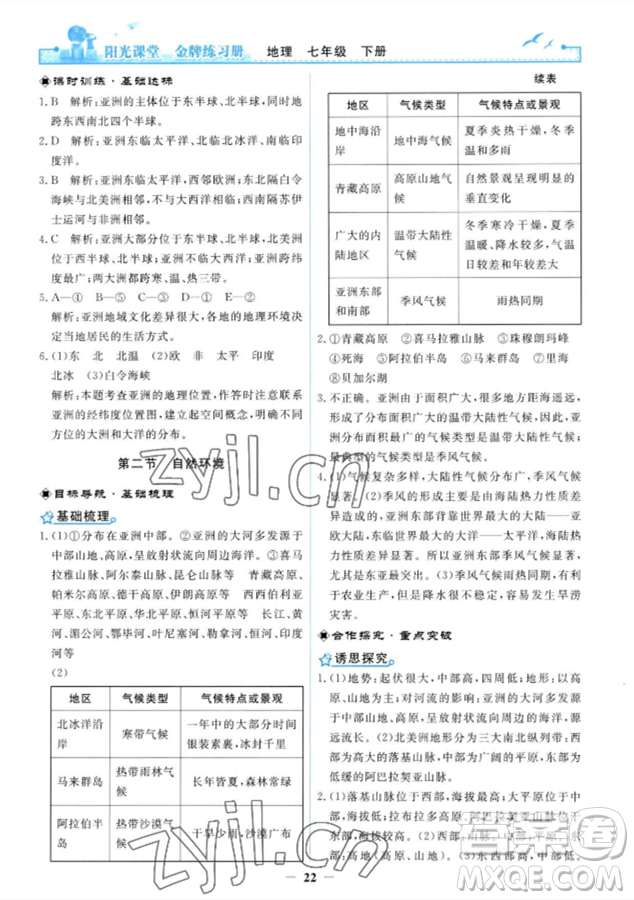 人民教育出版社2023陽光課堂金牌練習(xí)冊(cè)七年級(jí)下冊(cè)地理人教版參考答案