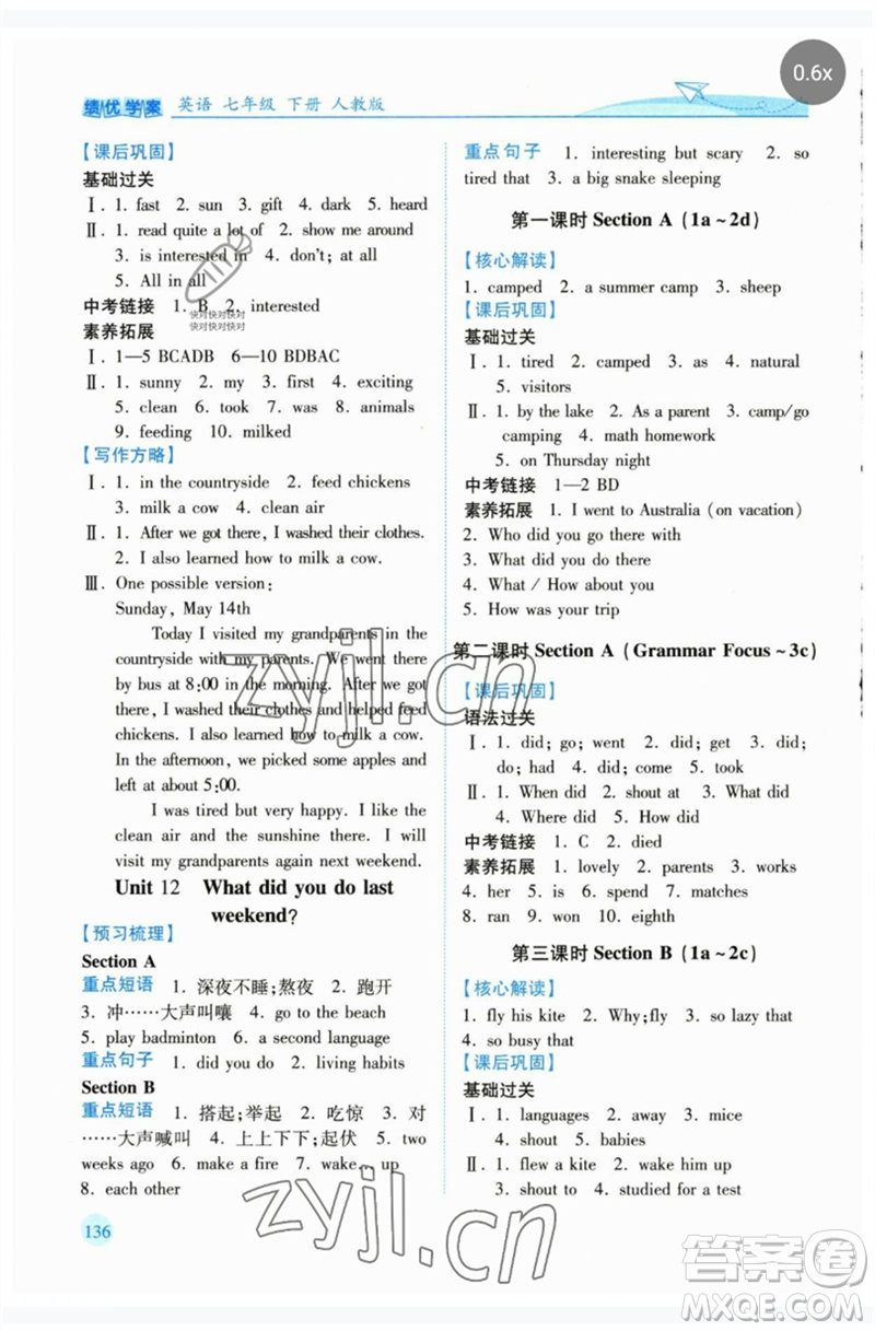 人民教育出版社2023績優(yōu)學案七年級英語下冊人教版參考答案