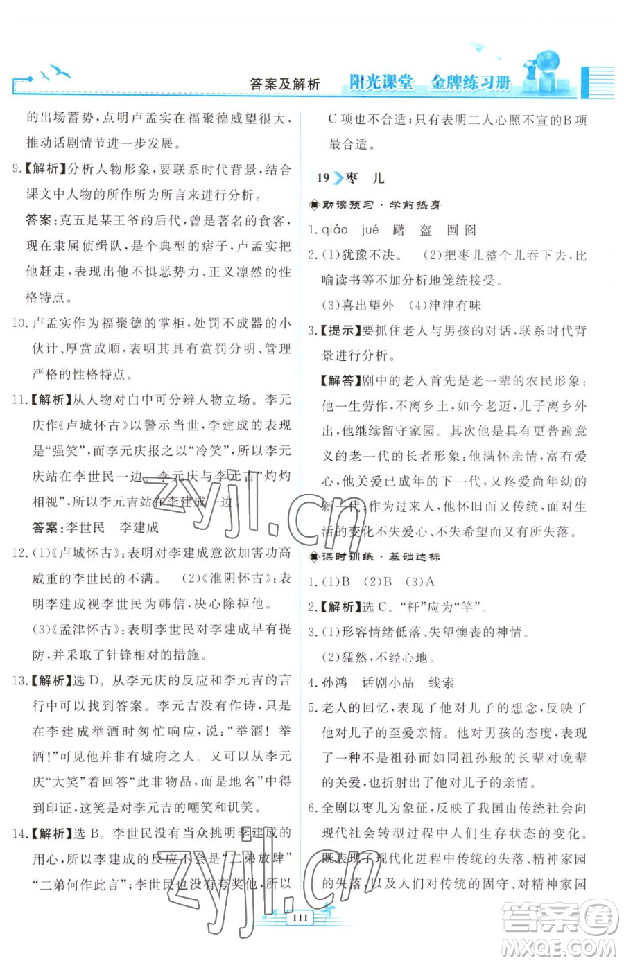 人民教育出版社2023陽(yáng)光課堂金牌練習(xí)冊(cè)九年級(jí)下冊(cè)語(yǔ)文人教版福建專(zhuān)版參考答案