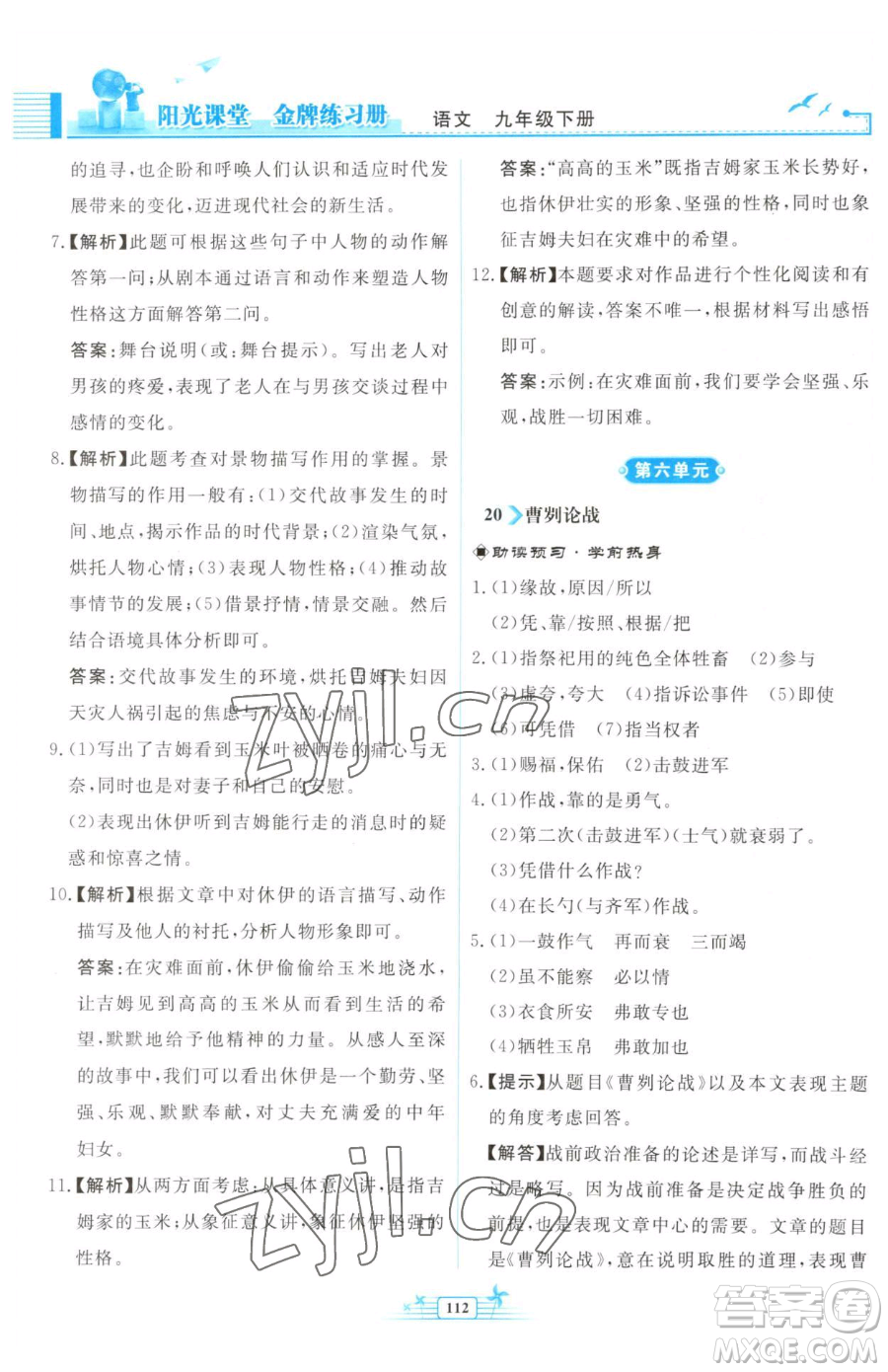 人民教育出版社2023陽(yáng)光課堂金牌練習(xí)冊(cè)九年級(jí)下冊(cè)語(yǔ)文人教版福建專(zhuān)版參考答案