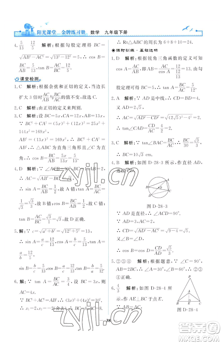 人民教育出版社2023陽(yáng)光課堂金牌練習(xí)冊(cè)九年級(jí)下冊(cè)數(shù)學(xué)人教版參考答案