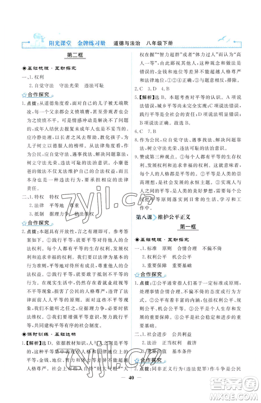 人民教育出版社2023陽光課堂金牌練習(xí)冊八年級下冊道德與法治人教版參考答案