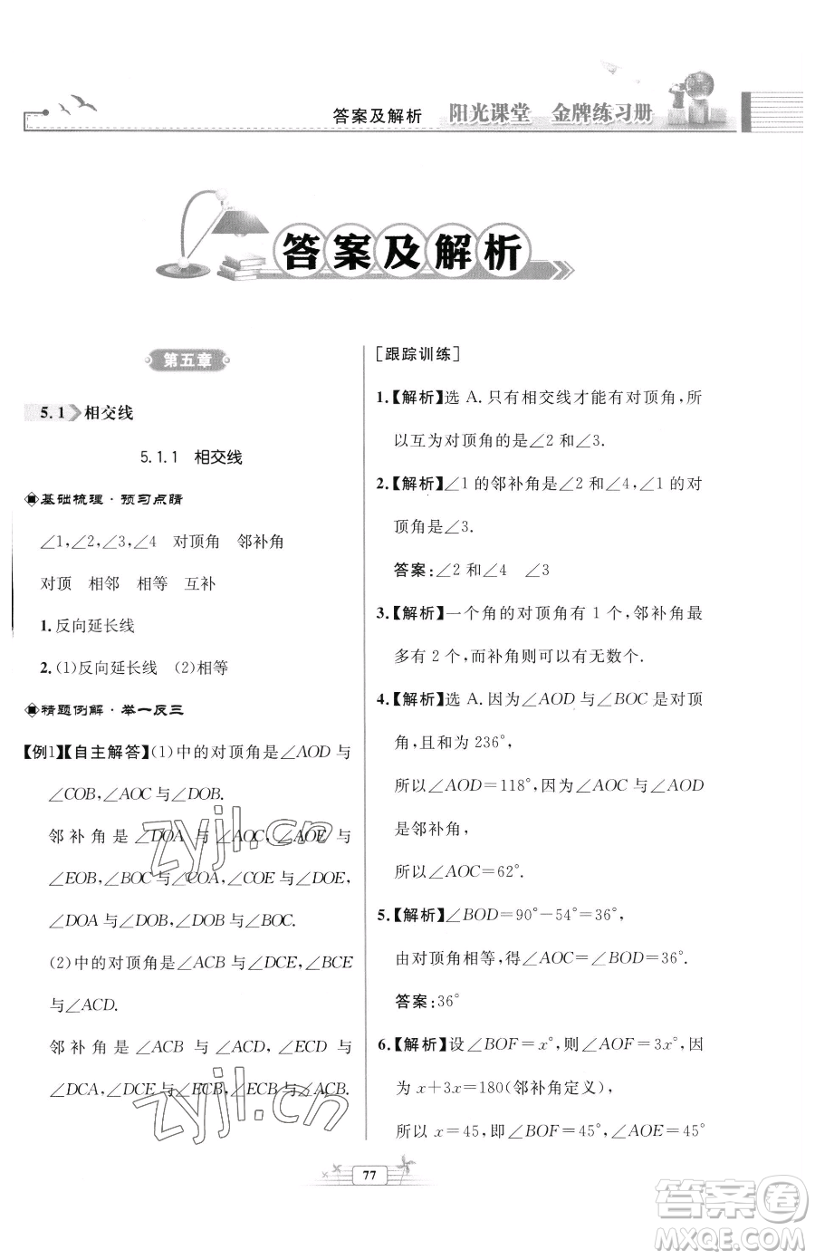 人民教育出版社2023陽光課堂金牌練習(xí)冊七年級下冊數(shù)學(xué)人教版福建專版參考答案