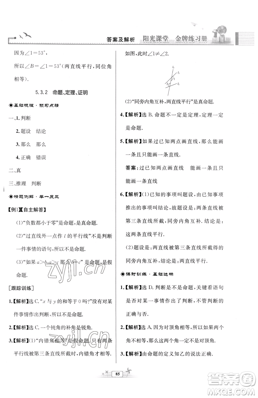 人民教育出版社2023陽光課堂金牌練習(xí)冊七年級下冊數(shù)學(xué)人教版福建專版參考答案